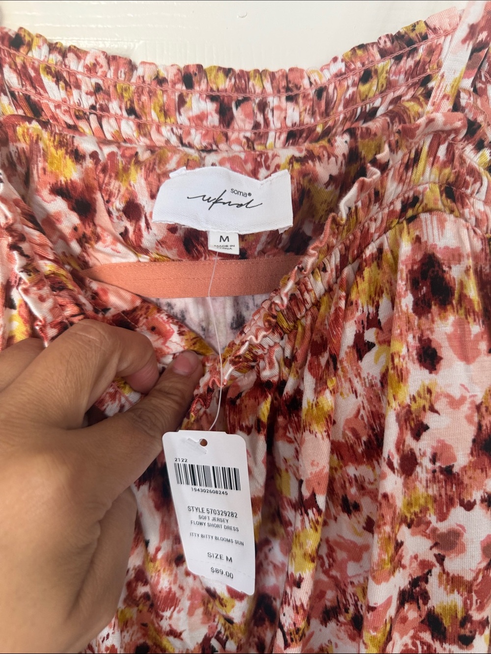 Soma WKND Coral/Pink Floral Dress Built In Bra w/Adjustable Straps size Medium - Picture 3 of 7